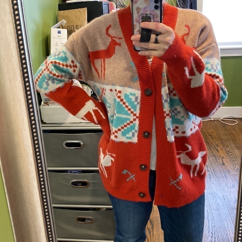 Oversized Reindeer Sweater Cardigan EUC